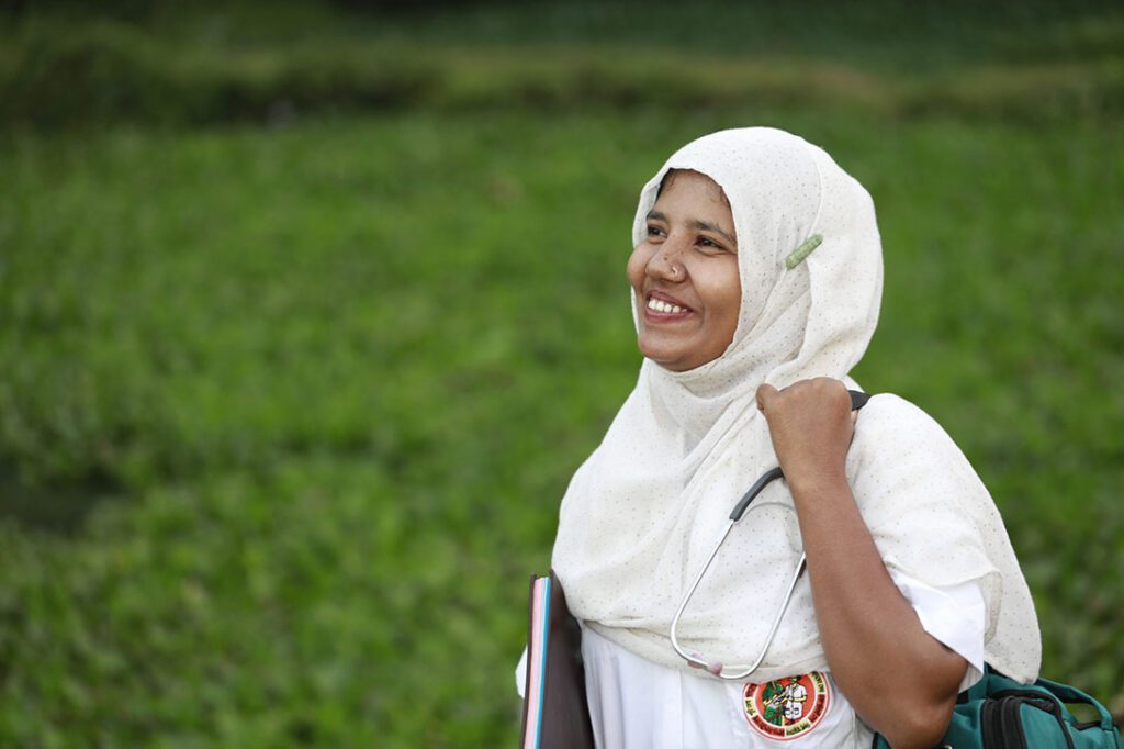 Joysna is one of three-hundred skilled health entrepreneurs (SHEs) are continuing to serve pregnant women and children during the COVID-19 pandemic in Sunamganj, Bangladesh. Tapash Paul/CARE