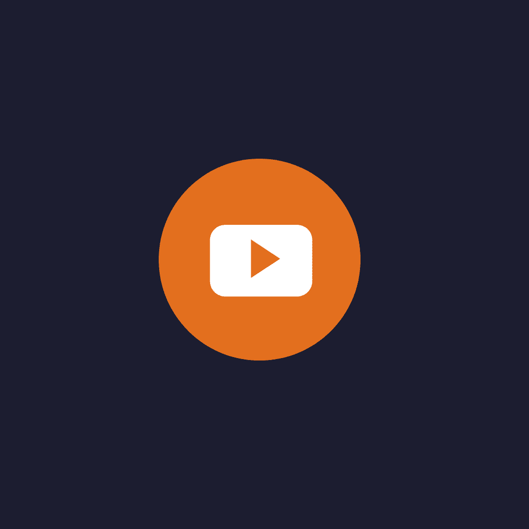 A graphic with a dark blue background and an orange play button.