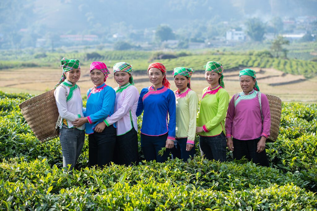 A group of Vietnamese women standing together in a field.