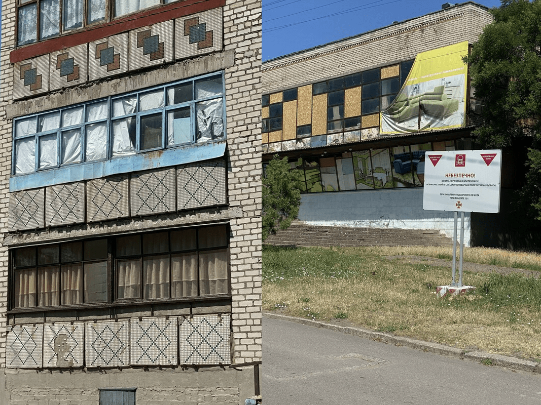Two images side by side. Once with a damaged building and one with a building behind a sign warning of land mines