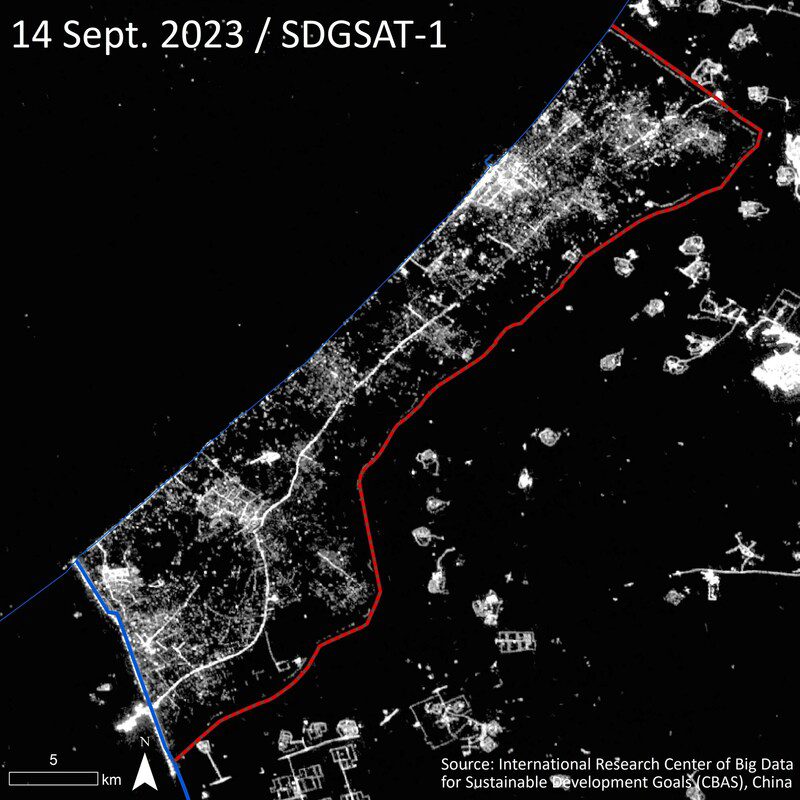 Satellite image of Gaza in September 2023. Many lights show on the map