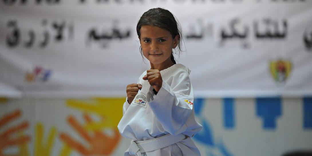 Rayan lives in in Azraq refugee camp in Jordan where CARE supports Taekwondo classes for Syrian girls in its community centre. Her coach Asef el Sabah says he sees the heart of a champion in Rayan.